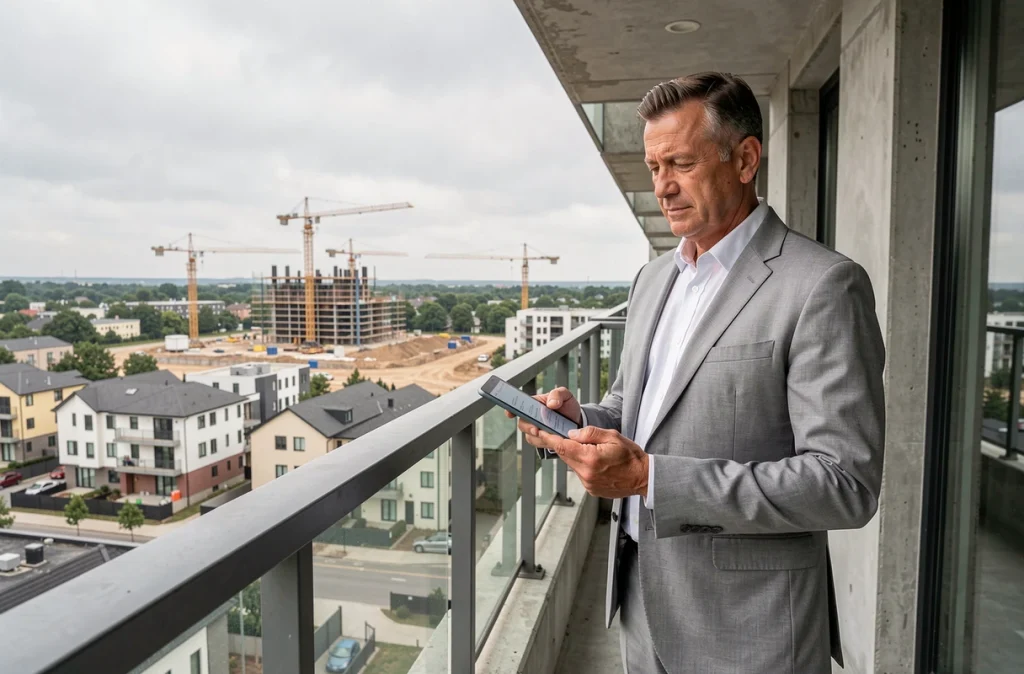 Investisseur immobilier sur le balcon d'un appartement neuf avec vue sur un quartier en construction