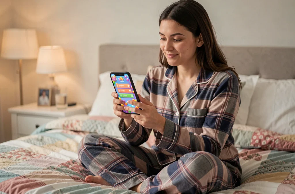 Jeune femme en pyjama jouant à un jeu mobile sur smartphone dans sa chambre avec écran de progression de niveaux
