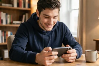 Jeune homme jouant à Coin Master sur smartphone avec une expression concentrée et enthousiaste
