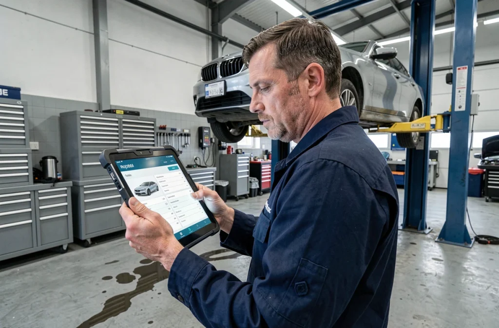 Un mécanicien automobile consulte une application de diagnostic sur tablette dans un atelier de réparation professionnel