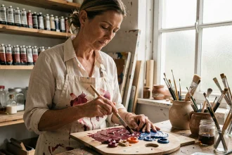 Peintre mélangeant des pigments d'huile pour obtenir une couleur bordeaux sur une palette en bois dans un atelier rustique
