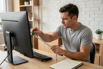 Homme mesurant la diagonale d'un écran PC avec un mètre ruban, conversion pouces en centimètres pour choisir la bonne taille de moniteur