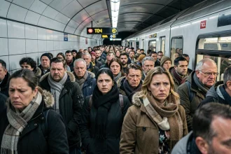 Quai bondé du métro de Lyon avec des voyageurs en attente lors de perturbations aux heures de pointe