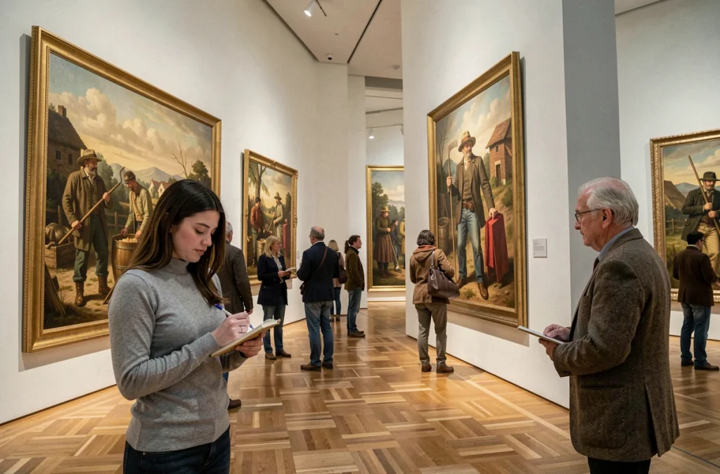 Visiteurs d'un musée contemplant de grandes peintures réalistes du XIXe siècle représentant des paysans et des ouvriers, évoquant l'art comme outil d'engagement social
