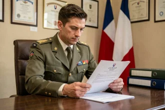 Officier de l'armée de terre en uniforme consultant sa grille indiciaire de progression d'échelon dans un bureau militaire
