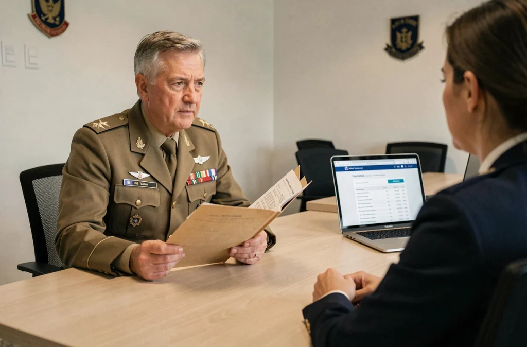 Officier supérieur de l'armée de terre consultant un responsable RH militaire sur l'optimisation de sa grille indiciaire