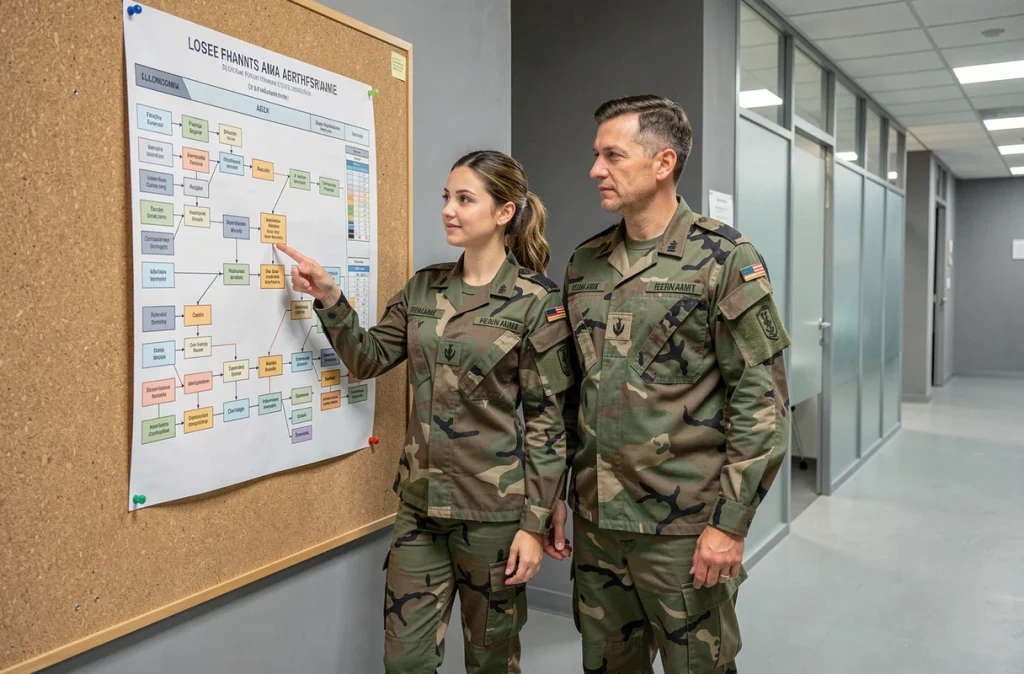 Deux officiers de l'armée de terre discutant de la progression d'échelon devant un tableau de carrière militaire