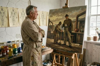 Peintre réaliste dans son atelier du XIXe siècle devant une grande toile inachevée représentant un ouvrier, illustrant l'art engagé et le réalisme artistique