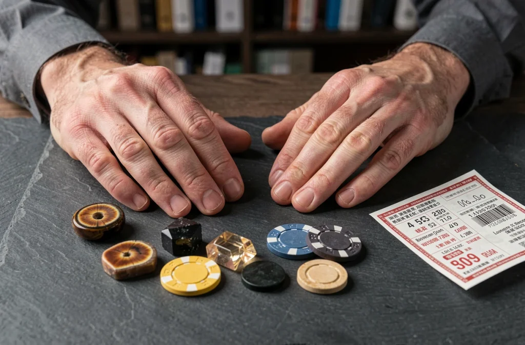 Pierres semi-précieuses porte-bonheur disposées près de jetons de poker et d'un ticket de loterie sur un bureau sombre