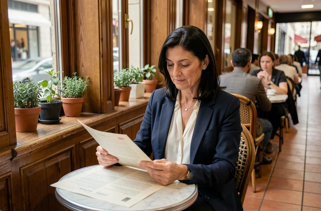 Femme déjeunant seule dans un restaurant du centre commercial Tour Montparnasse à Paris
