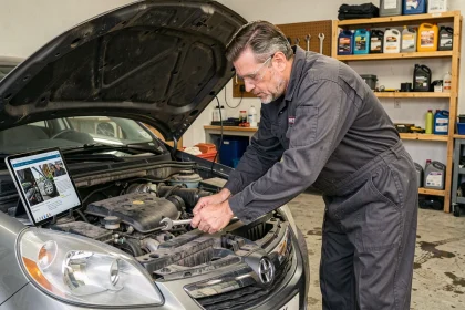 Homme en combinaison de mécanicien révisant sa voiture seul dans un garage en suivant un tutoriel sur tablette