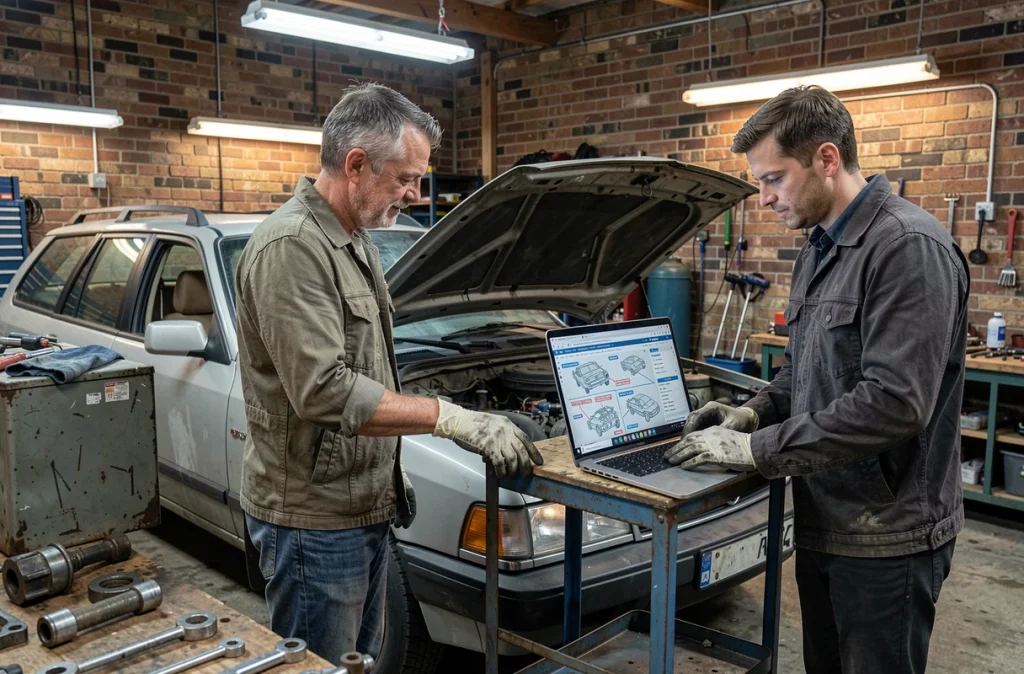 Père et fils révisant ensemble une voiture ancienne dans un garage familial en consultant des ressources en ligne