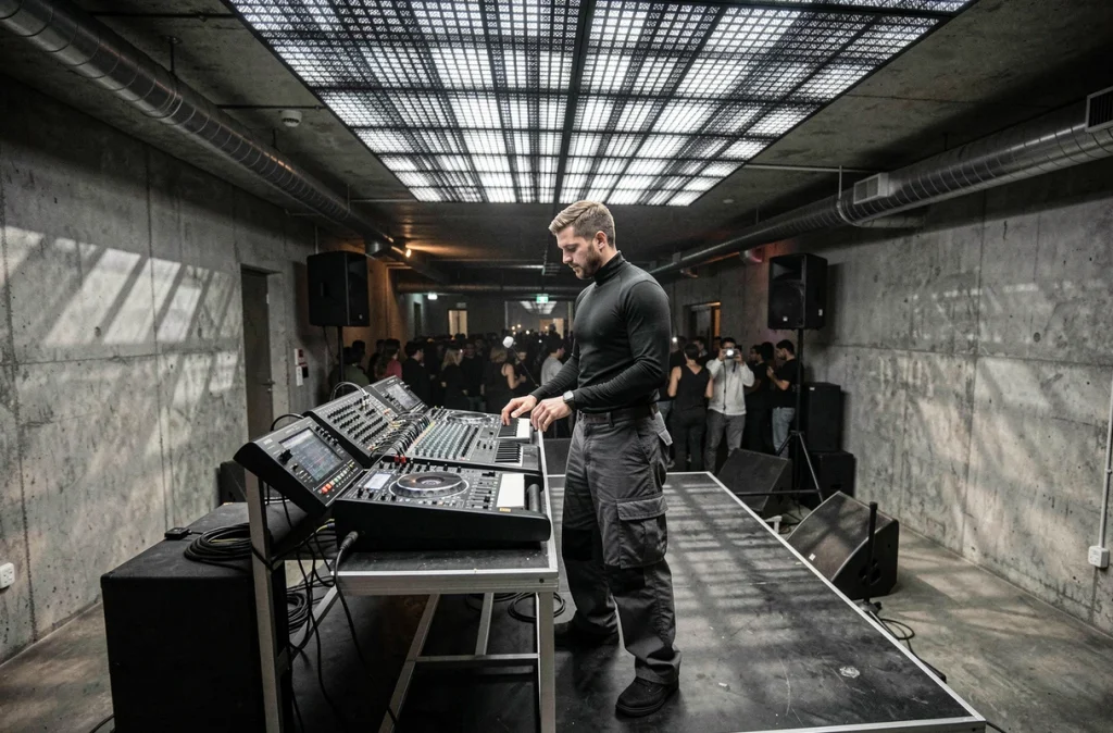 DJ masculin derrière une table de mixage dans un club techno berlinois avec scénographie LED et architecture brutaliste