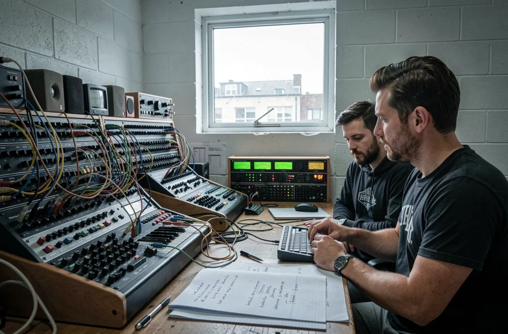 Deux musiciens travaillant sur des synthétiseurs modulaires dans un home studio techno industriel avec câbles patch et LED