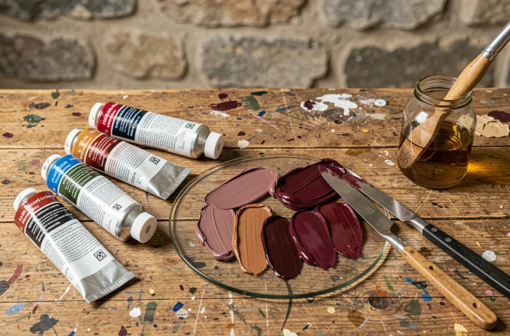 Tubes de peinture à l'huile et palette avec des mélanges de couleur bordeaux en gros plan sur une table d'atelier