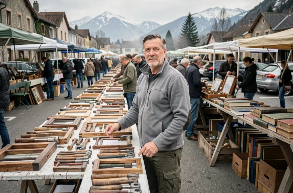 Vendeur installant son stand d'objets anciens dans un vide grenier en Savoie