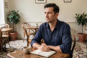 Portrait d'un homme dans un café français, ambiance intimiste et vie quotidienne authentique