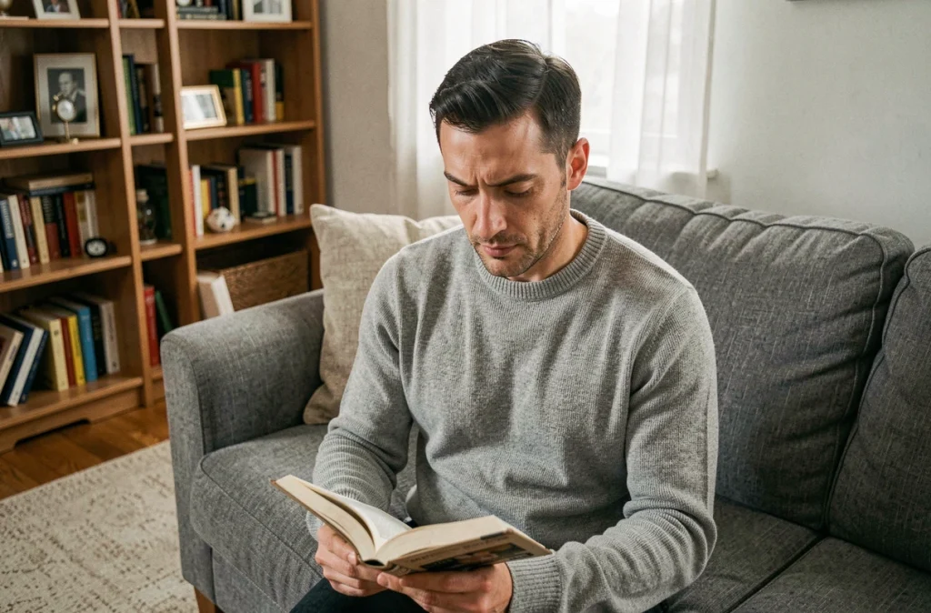 Homme lisant un livre chez lui dans un salon sobre, portrait authentique vie privée et intimité quotidienne