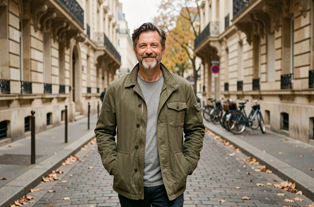 Homme marchant seul dans une rue parisienne calme, portrait éditorial vie privée et quotidien discret