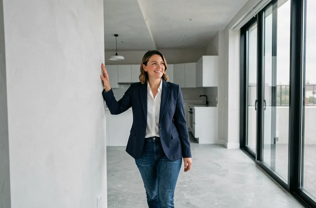Femme visitant un appartement neuf aux finitions modernes, touchant le mur fraîchement plâtré