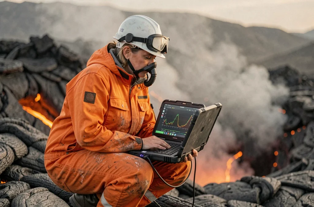 Volcanologue en combinaison de protection orange surveillant l'activité en temps réel sur les flancs du volcan Etna en Sicile