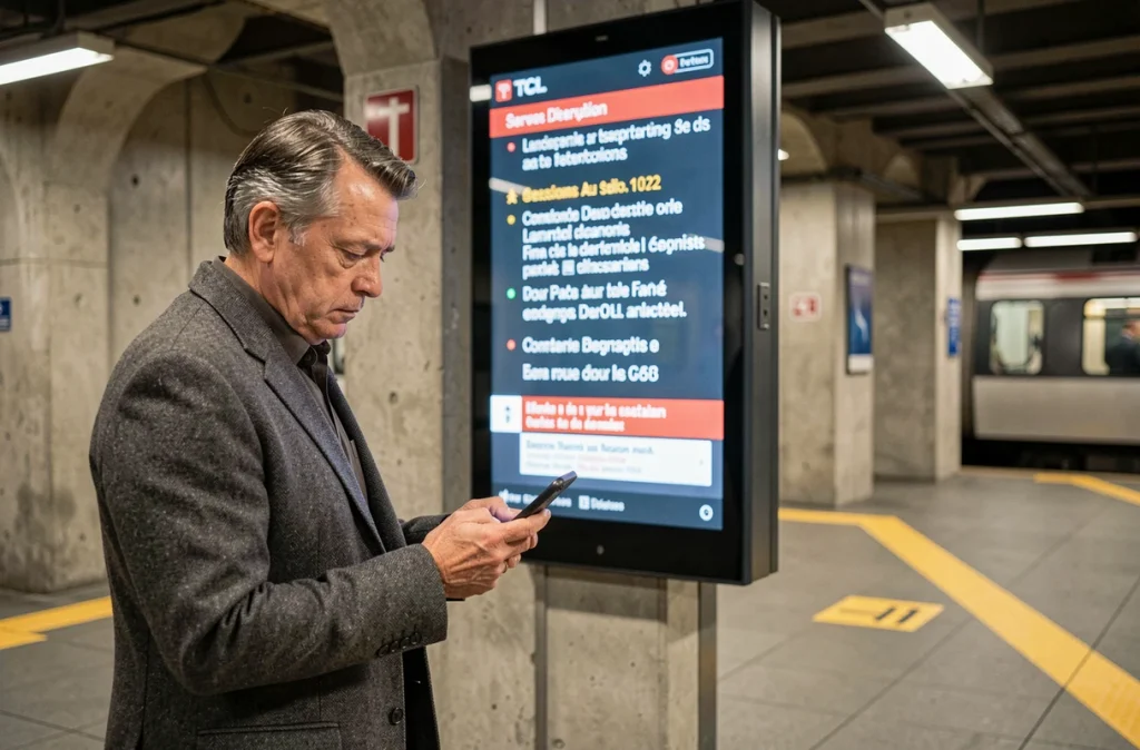 Voyageur consultant son téléphone devant un panneau d'information indiquant des perturbations sur le réseau métro de Lyon