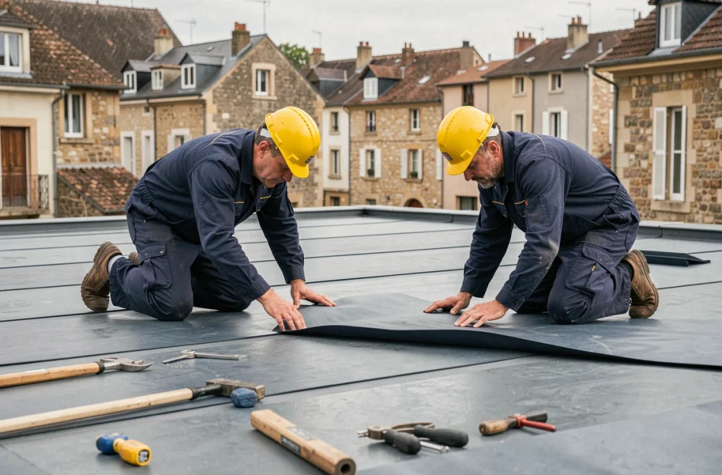 Équipe ALP Construction posant une membrane d'étanchéité sur une toiture commerciale en milieu urbain en Bourgogne