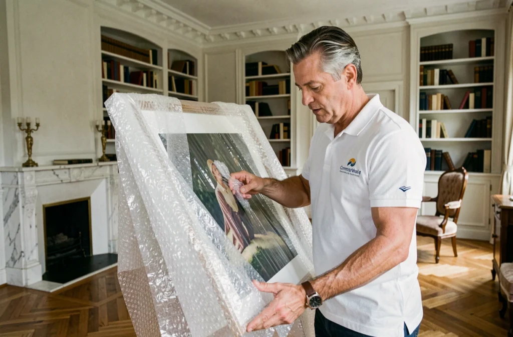 Déménageur de Best Déménagements emballant soigneusement une œuvre d'art dans un appartement parisien de standing