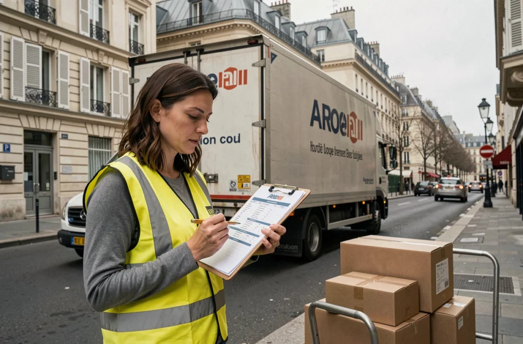 Coordinatrice logistique de Blondeau Déménagement vérifiant un inventaire près d'un camion à Paris