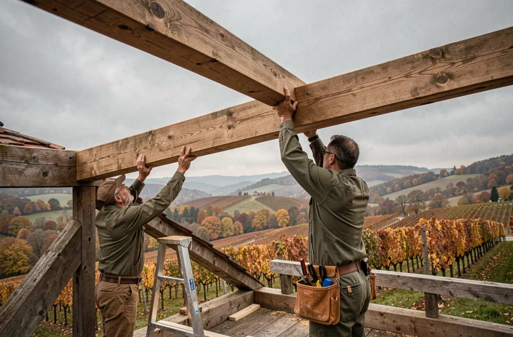 Charpentiers de Bourgogne soulevant une fermette en chêne sur une rénovation de grange viticole bourguignonne