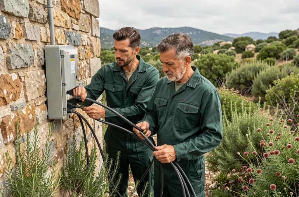 Équipe des Compagnons Corses réalisant une installation électrique extérieure dans le maquis corse
