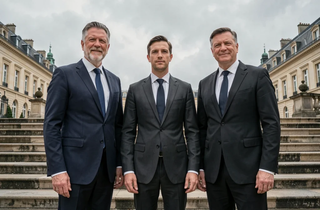 Trois hommes politiques en costume sombre réunis lors d'un sommet diplomatique extérieur, illustrant la comparaison de taille et de gabarit entre dirigeants