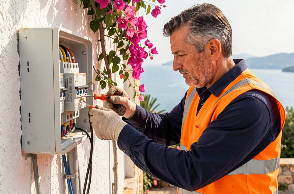 Électricien de Corse Elec Services travaillant sur un panneau électrique extérieur avec vue côtière en arrière-plan