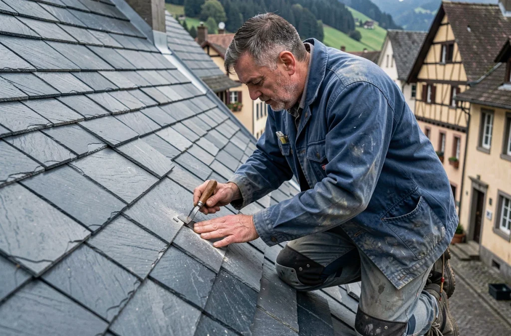 Couvreur Couverture Petitjean taillant une ardoise à la main sur un toit historique dans une ville de la vallée du Doubs