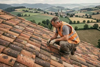 Couvreur professionnel inspectant une toiture en tuiles de terre cuite traditionnelles en Bourgogne-Franche-Comté avec vue sur la campagne