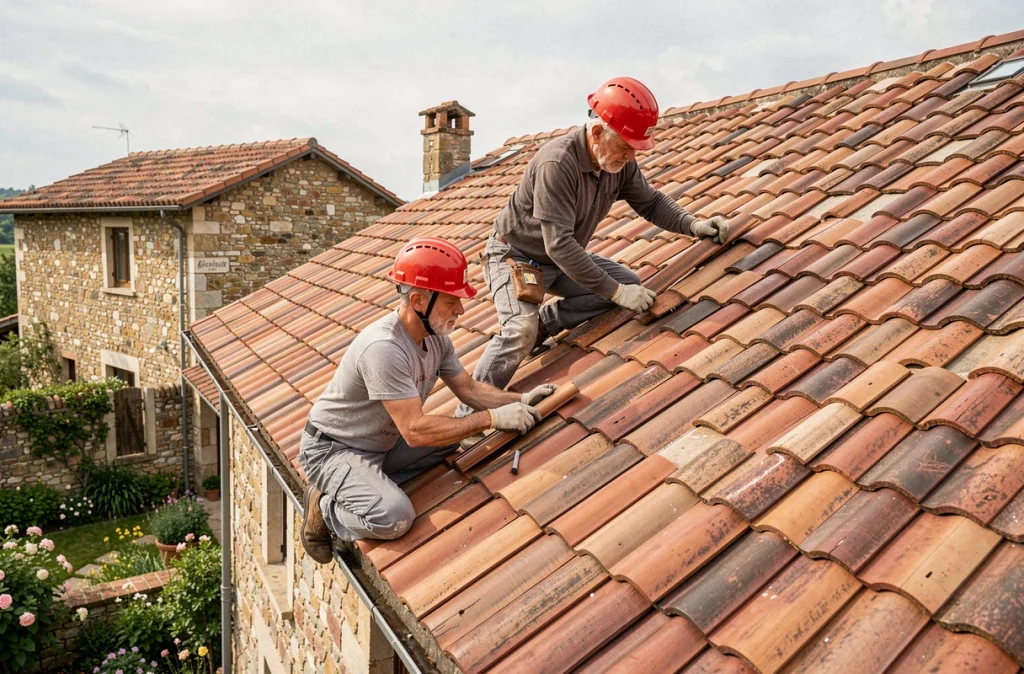 Duo père-fils de Curta et Fils posant des tuiles romanes sur un toit résidentiel dans un village de Bourgogne