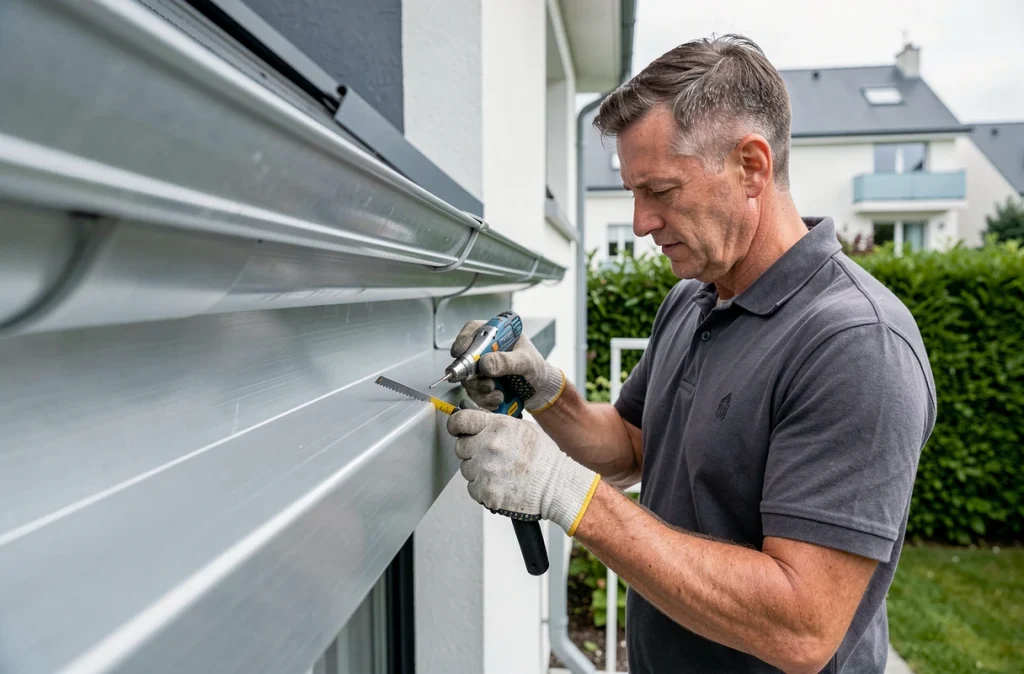 Technicien Dal'Alu / Alu Cheneau installant une gouttière en aluminium sur une maison moderne en Franche-Comté