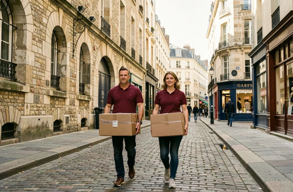 Équipe de Déménagements du Marais-Grelet portant des cartons dans une rue pavée du quartier du Marais à Paris