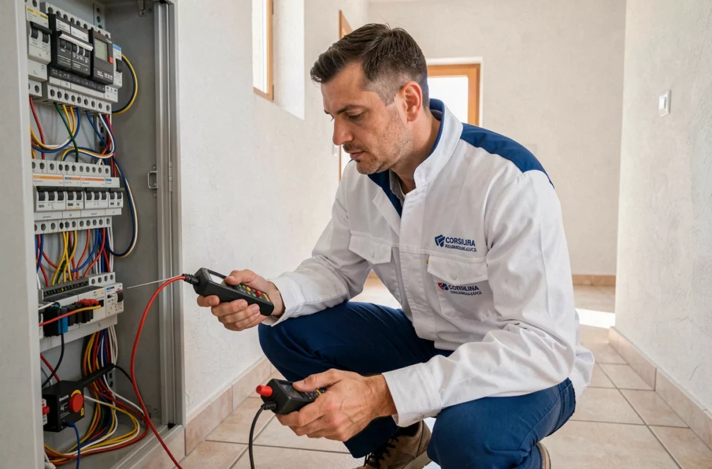 Électricien de E3 Electricité inspectant un tableau électrique dans un bâtiment résidentiel en Corse