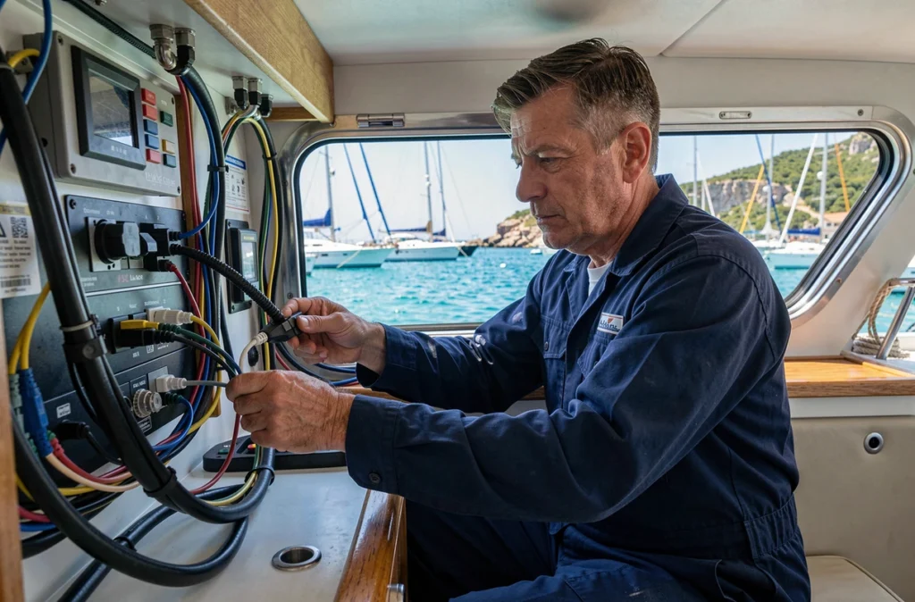 Électricien spécialisé en électricité automobile et marine travaillant sur un bateau dans un port corse