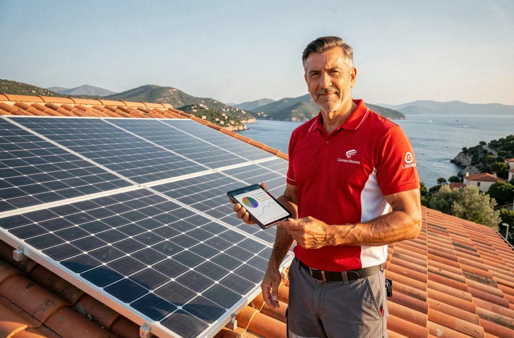 Technicien d'Energies Distribution Corse installant des panneaux solaires sur une villa avec vue sur la Méditerranée