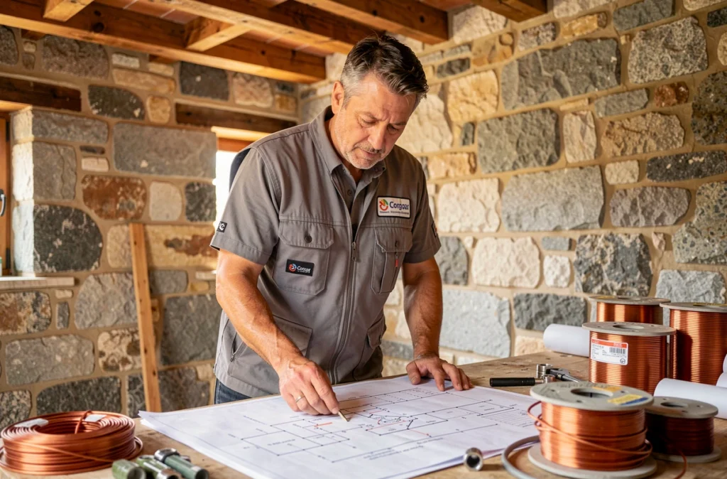 Artisan électricien de l'Entreprise Laurent travaillant dans un intérieur en pierre typique de Corse