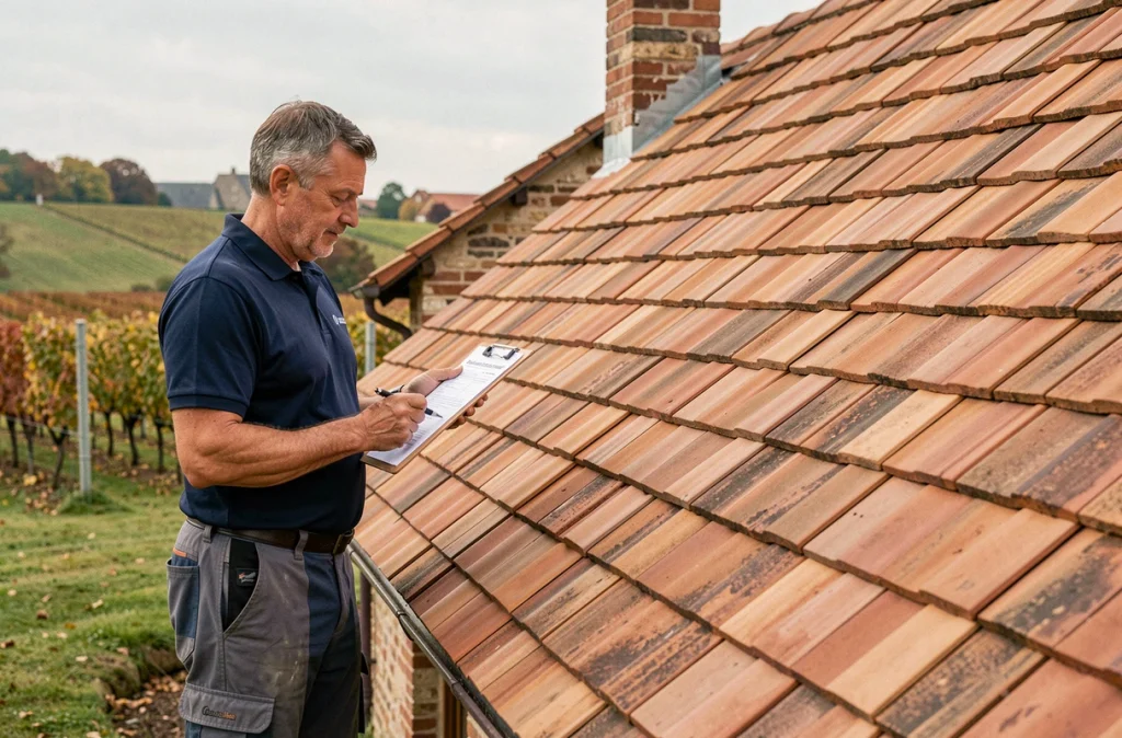 Artisan d'Ets Vuillemot Couverture vérifiant les travaux d'une toiture en tuiles neuves sur une ferme bourguignonne