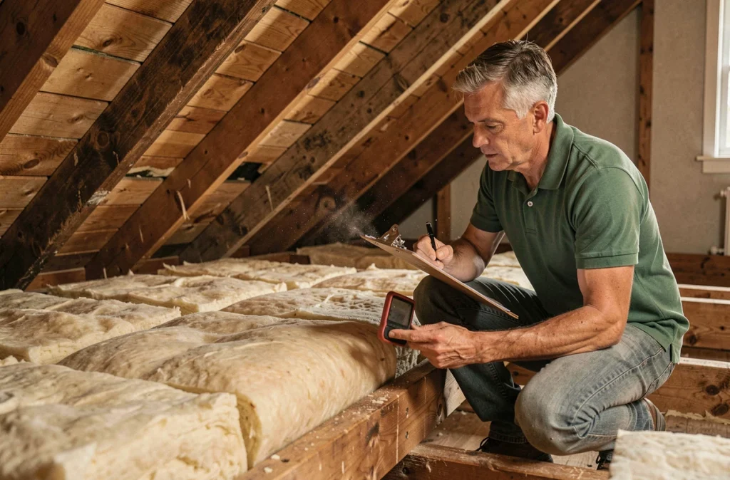 Conseiller Expert Environnement Habitat 21 inspectant l'isolation thermique d'un grenier résidentiel en Côte-d'Or