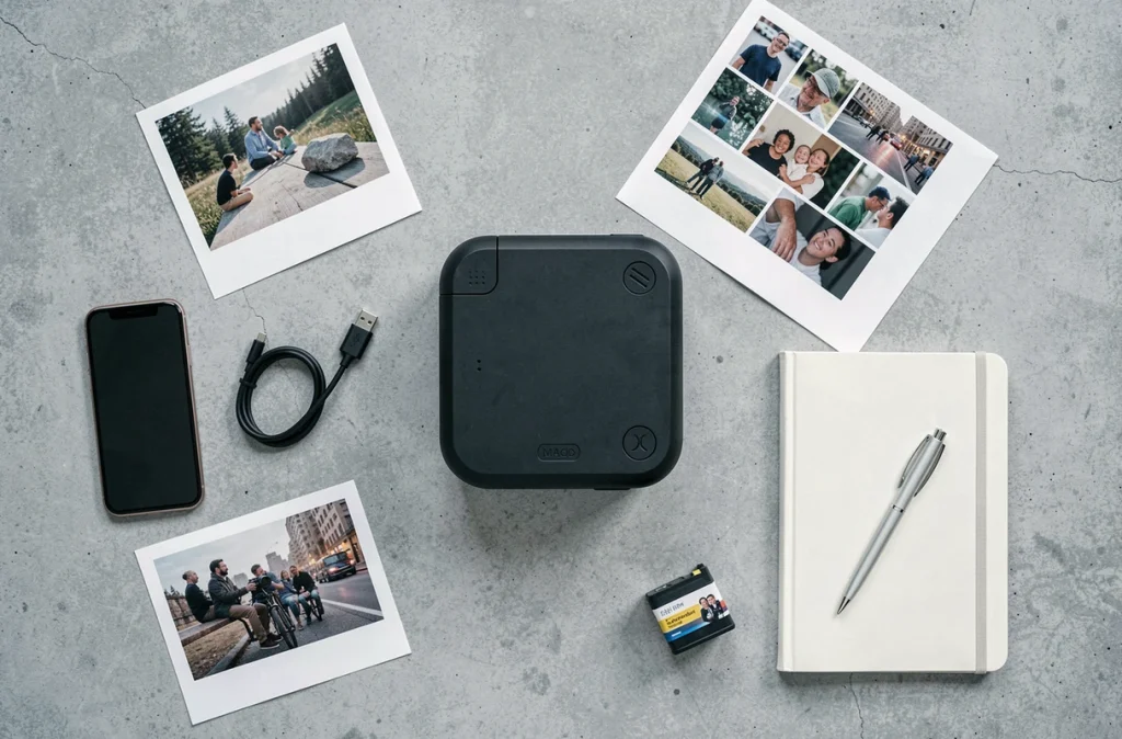 Vue de dessus d'une imprimante photo compacte entourée de tirages, câble USB-C, cartouches d'encre et carnet photographe sur béton gris
