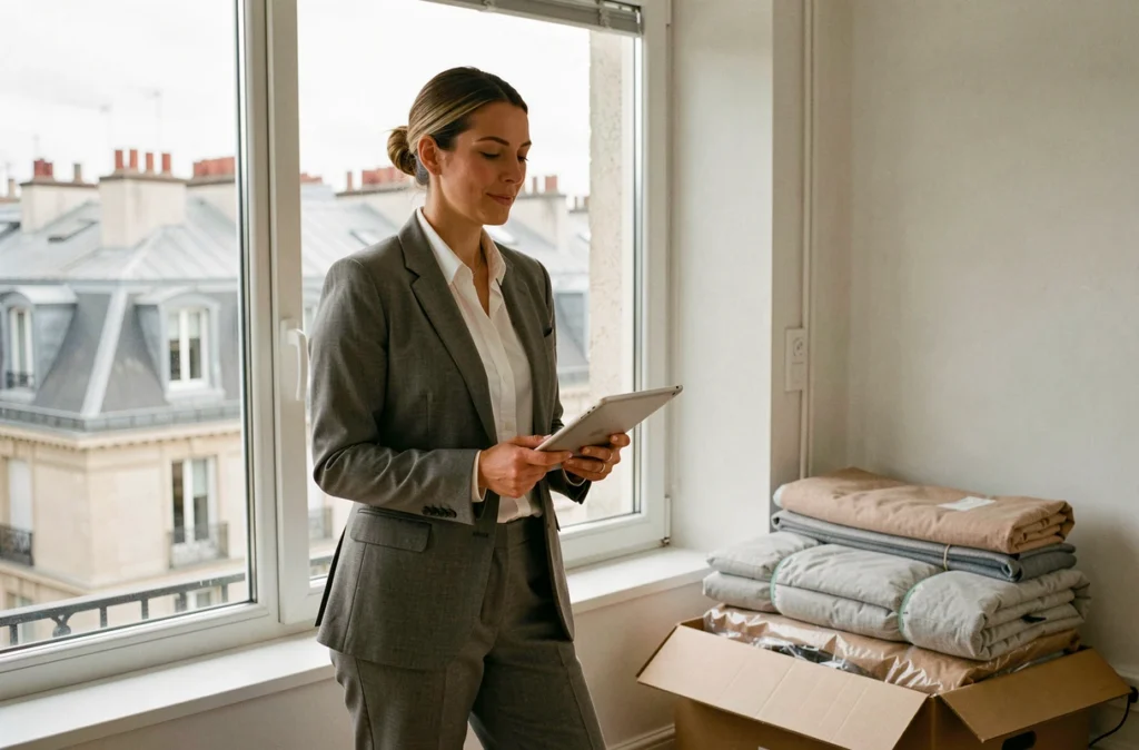 Consultante en relocation internationale de Fly To Relocation lors d'une consultation dans un bureau parisien moderne avec vue sur les toits