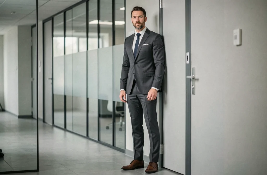 Homme en costume gris anthracite debout près d'un encadrement de porte pour illustrer la taille et le gabarit physique d'un dirigeant politique
