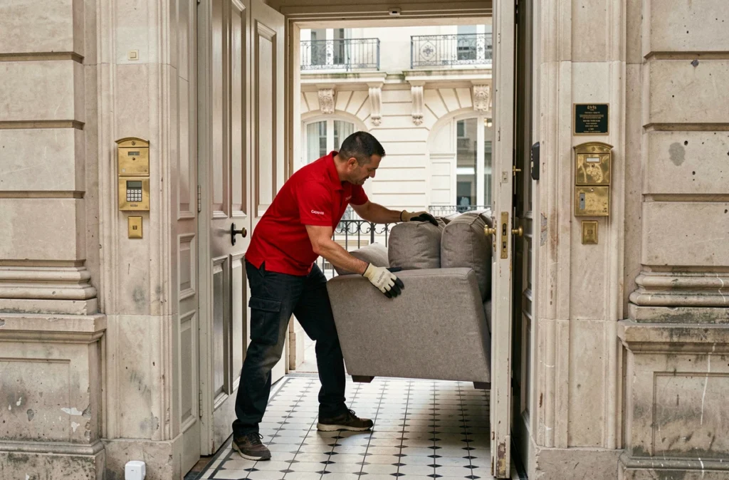 Déménageur de Gauvin Déménagement faisant passer un canapé dans l'entrée d'un immeuble parisien