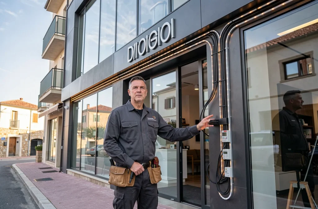 Électricien de GD'elec devant une installation électrique commerciale avec façade moderne en Corse