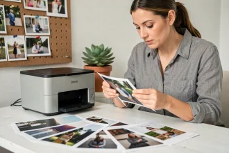 Femme examinant des tirages photo dans un petit studio maison avec une imprimante photo compacte sur un bureau en bois blanc
